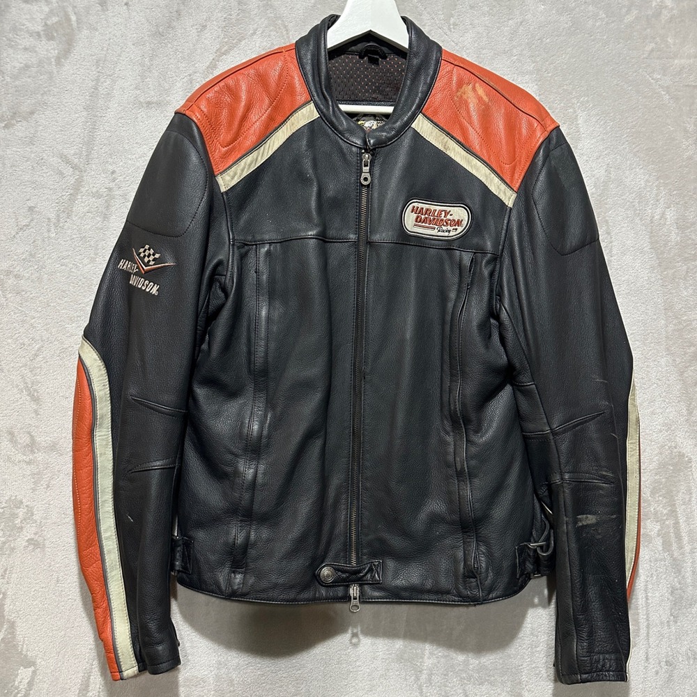 VTG Harley Davidson Racing Leather Motorcycle Jacket Black Orange HD-664 Mens M